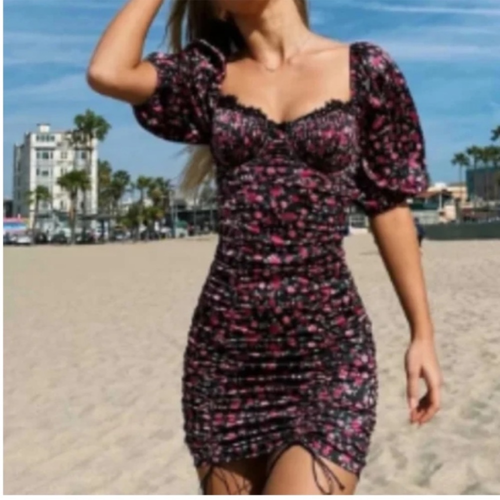 For Love & Lemons Floral Ruched Melrose Dress Sz S